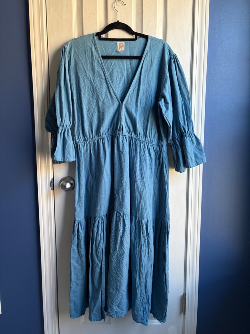 Handmade Linen Tiered V-Neck Midi Dress Size XXL Blue Boho Cottagecore Praire